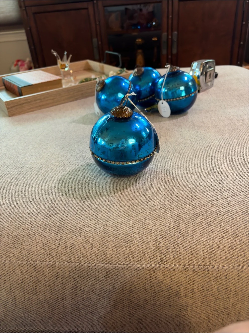 Vtg Blue mercury Glass Holiday Ornaments with Rhinestone Trim